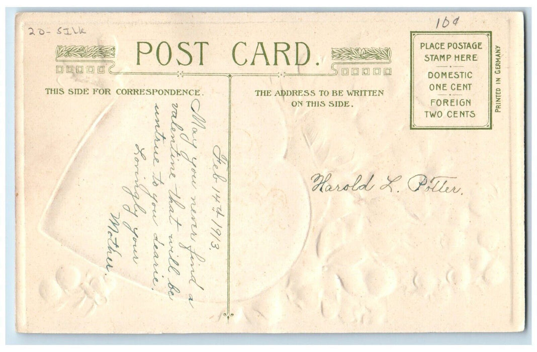 1913 Valentine Heart Purple Pansies Flowers Winsch Back Embossed Silk Postcard
