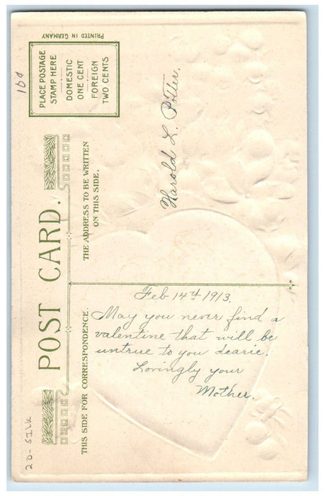 1913 Valentine Heart Purple Pansies Flowers Winsch Back Embossed Silk Postcard