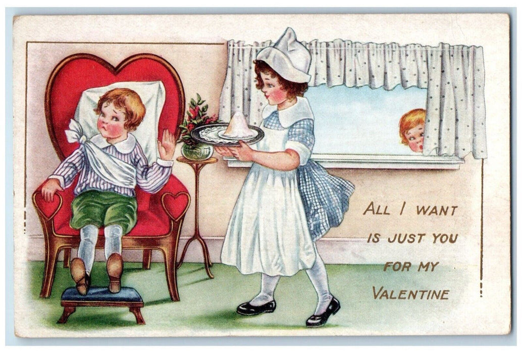 Valentine Boy Maid Stalker Heart Chair Embossed Unposted Antique Postcard