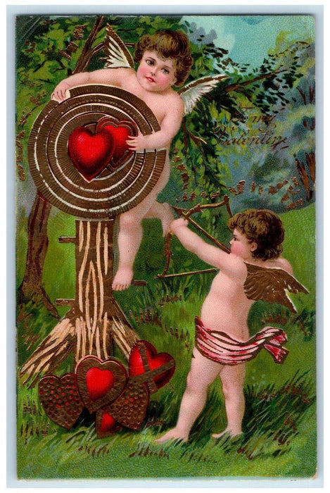 1911 Valentine Angels Cherub Bow Arrow Target Heart Gel Gold Gilt Postcard