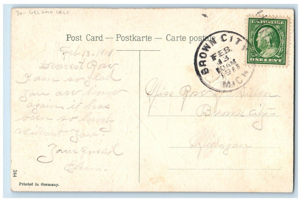 1911 Valentine Angels Cherub Bow Arrow Target Heart Gel Gold Gilt Postcard