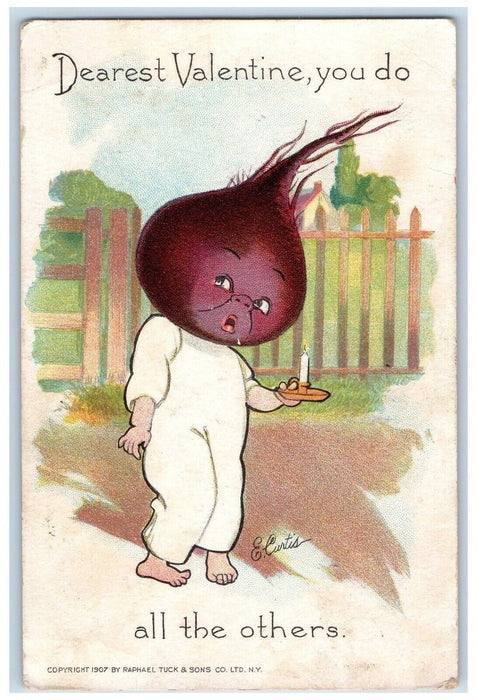 c1910's Valentine Anthropomorphic Onions Candles Turnip Head Tuck's Postcard