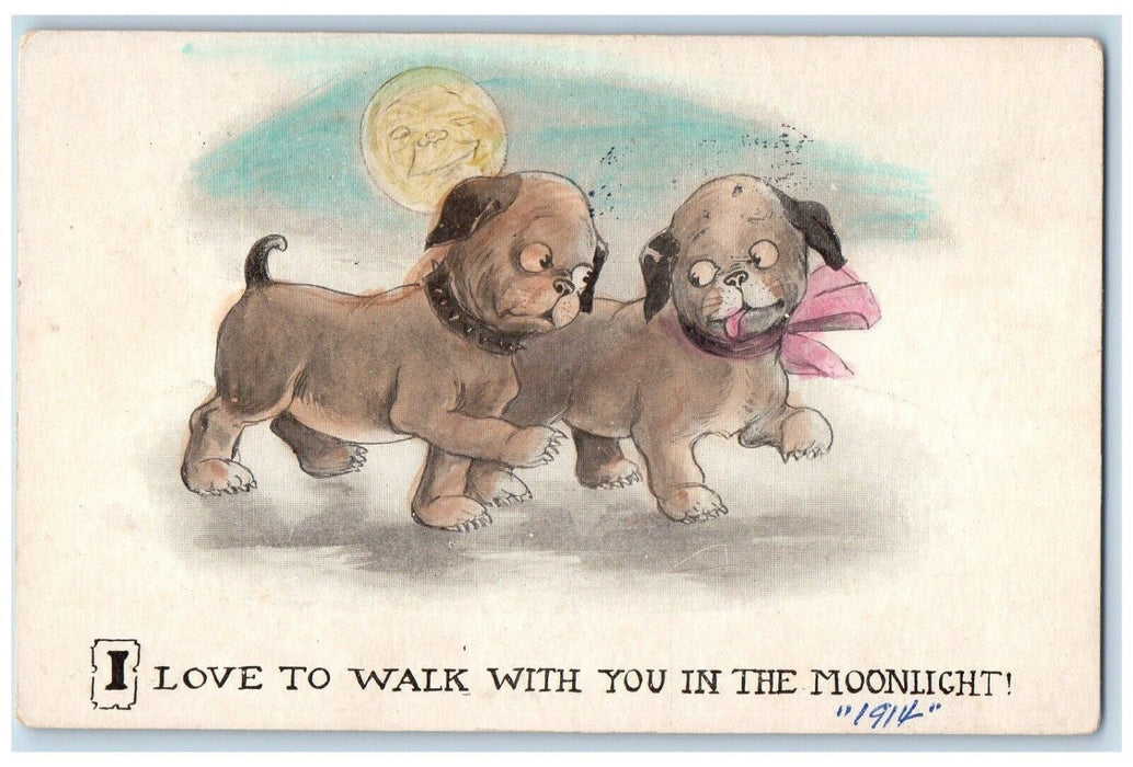 1914 Valentine Anthropomorphic Moon Puppy Dog Williamsport PA Antique Postcard
