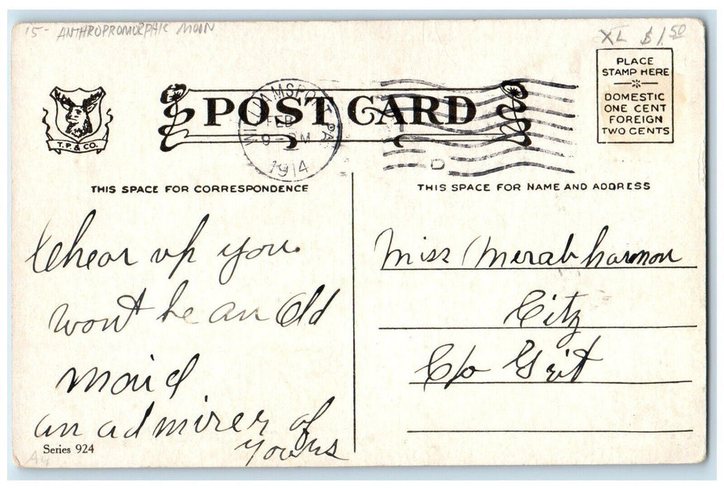 1914 Valentine Anthropomorphic Moon Puppy Dog Williamsport PA Antique Postcard