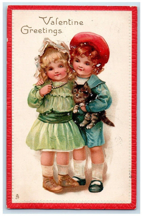1910 Valentine Greetings Boy Girl Cat Embossed Philadelphia PA Tuck's Postcard