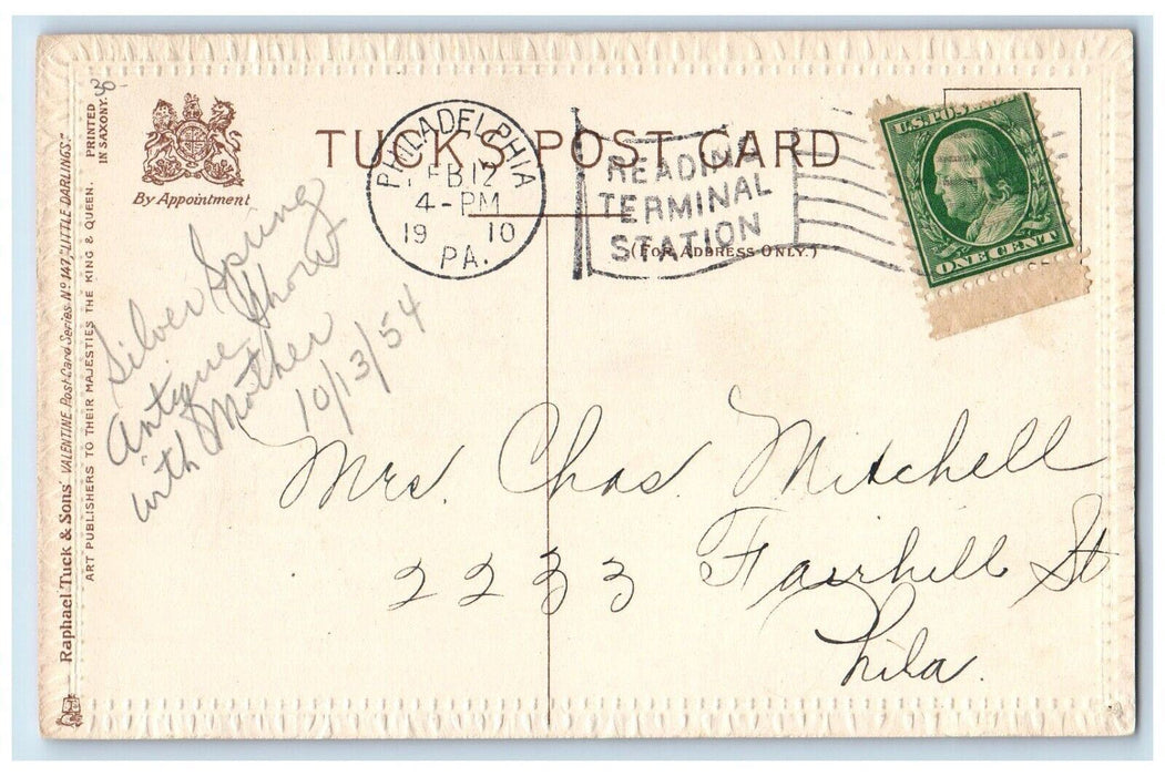1910 Valentine Greetings Boy Girl Cat Embossed Philadelphia PA Tuck's Postcard