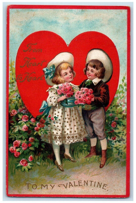 1915 Valentine Boy Girl Big Heart Roses Flowers Embossed Westminster MD Postcard