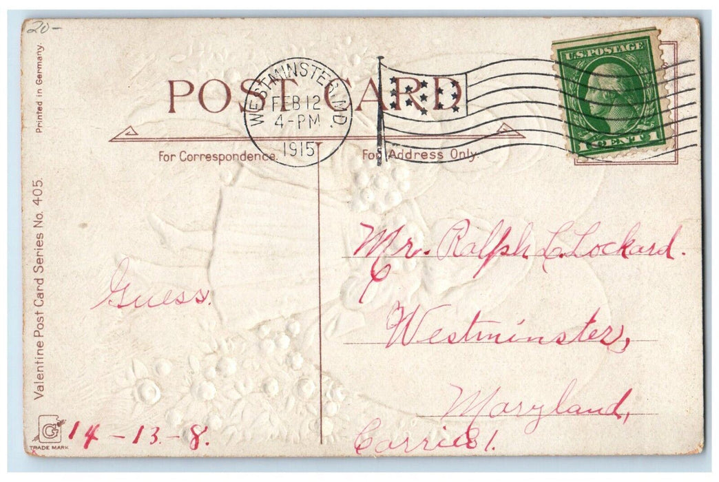 1915 Valentine Boy Girl Big Heart Roses Flowers Embossed Westminster MD Postcard