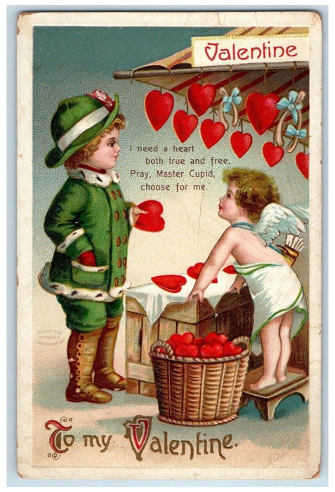 1911 Valentine Angel Cupid Hearts In Basket Clapsaddle North Rayham MA Postcard