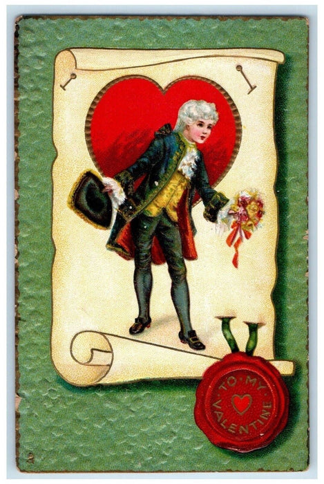 c1910's Valentine Big Heart Man With Flowers Embossed Tuck's Antique Postcard