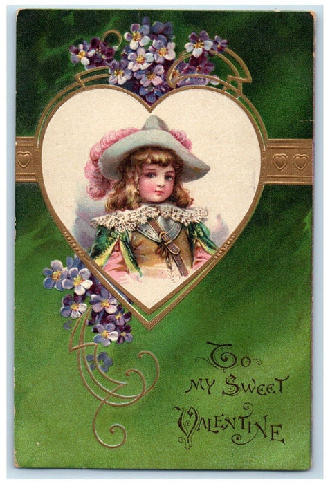 1908 Valentine Pretty Little Girl Heart Pansies Flowers Heart Embossed Postcard