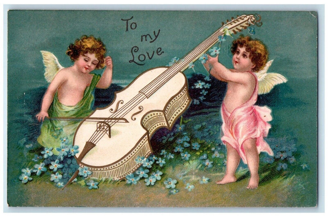 c1905 Valentine Angels Cherub Cello Violin Clapsaddle Embossed Antique Postcard