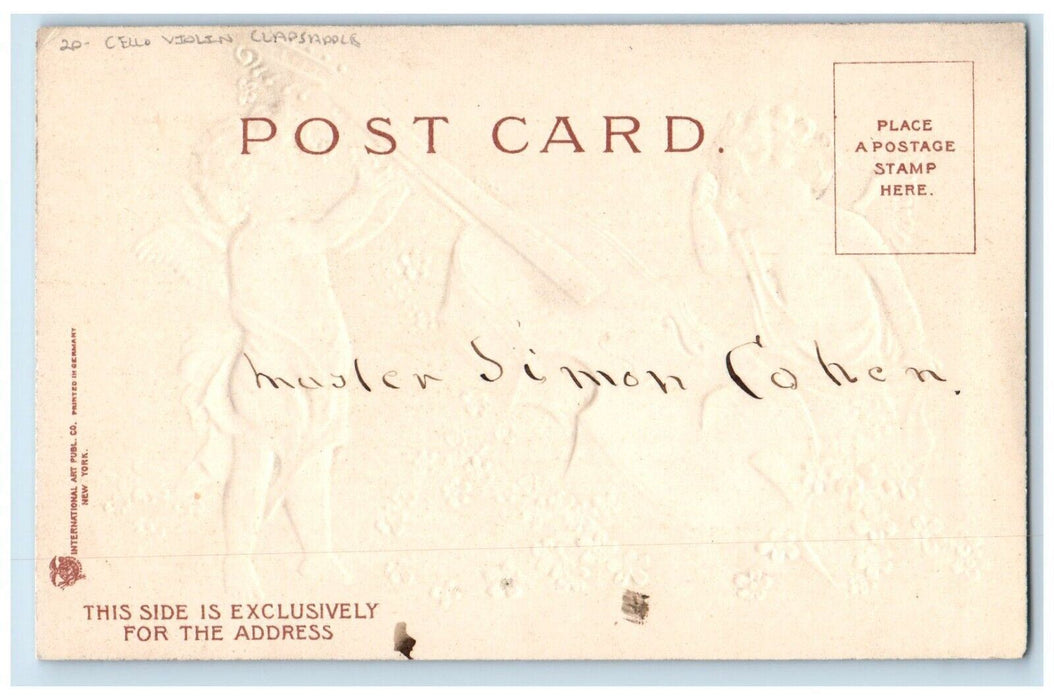 c1905 Valentine Angels Cherub Cello Violin Clapsaddle Embossed Antique Postcard