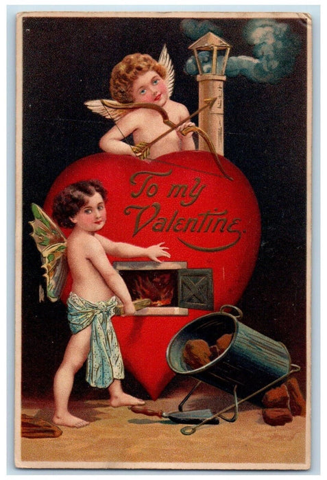 1910 Valentine Angel Cupid Heart Bow Arrow Stove Embossed Antique Postcard