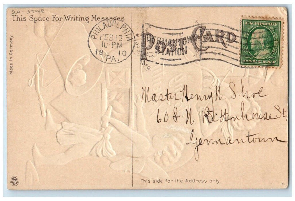 1910 Valentine Angel Cupid Heart Bow Arrow Stove Embossed Antique Postcard