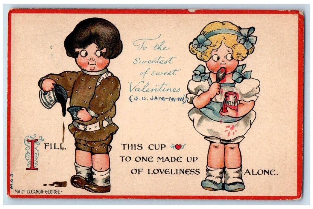 1912 Valentine Boy Girl Eating Jam Philadelphia PA Posted Antique Postcard