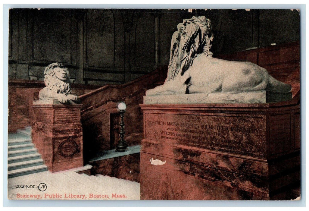 c1910 Stairway Lion Public Library Boston Massachusetts MA Unposted Postcard