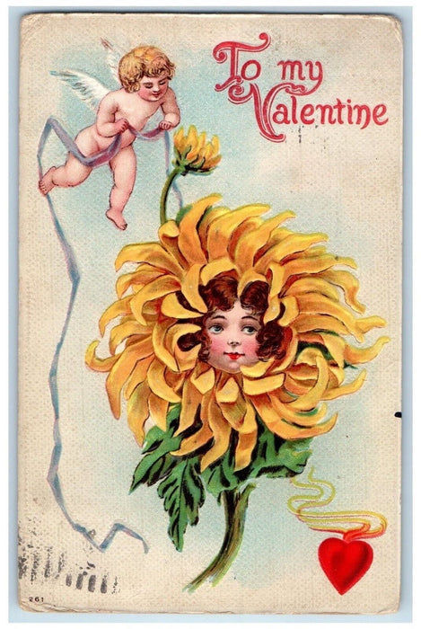 c1910's Valentine Angel Cherub Flower Head Heart Embossed Antique Postcard