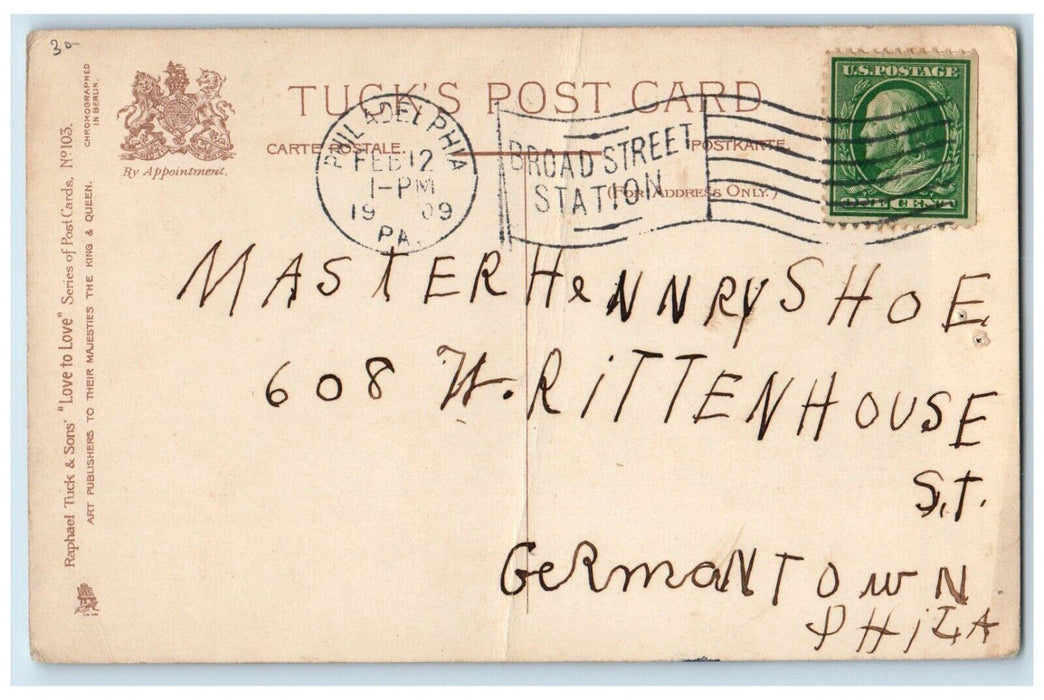 1909 Valentine Greetings Girl Boy Letter Philadelphia PA Tuck's Antique Postcard