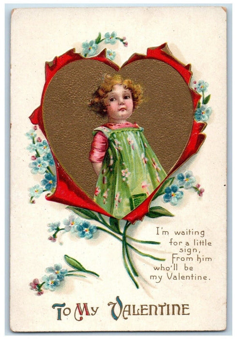 c1910's Valentine Little Girl Big Heart Pansies Flowers Clapsaddle Postcard