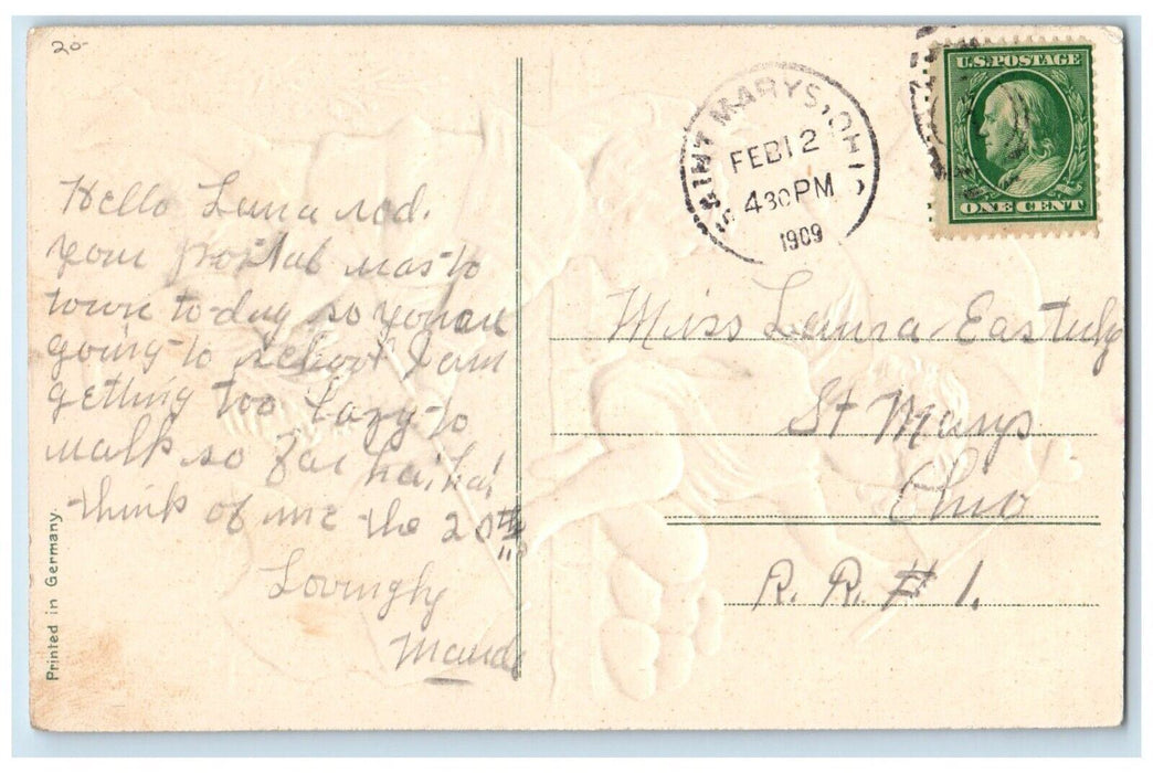 1909 Valentine Hearts Patriotic Embossed Saint Marys Ohio OH Antique Postcard