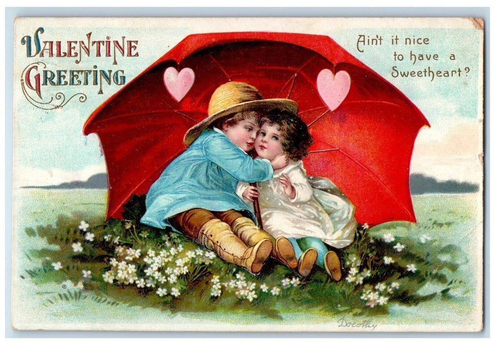 1910 Valentine Greeting Cute Children Umbrella Heart Flowers Auburn NY Postcard