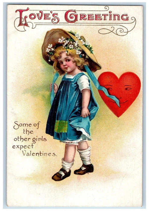 c1910's Valentine Greeting Girl Heart Big Hat Flowers Clapsaddle Postcard