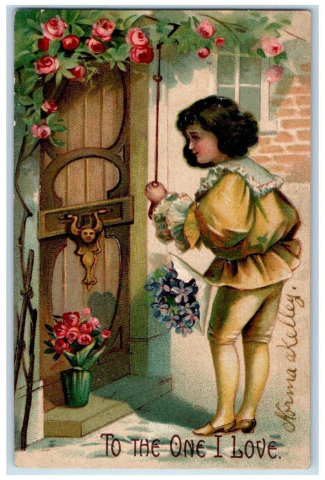 1909 Valentine Girl Knocking Door Flowers Embossed Litchfield IL Posted Postcard