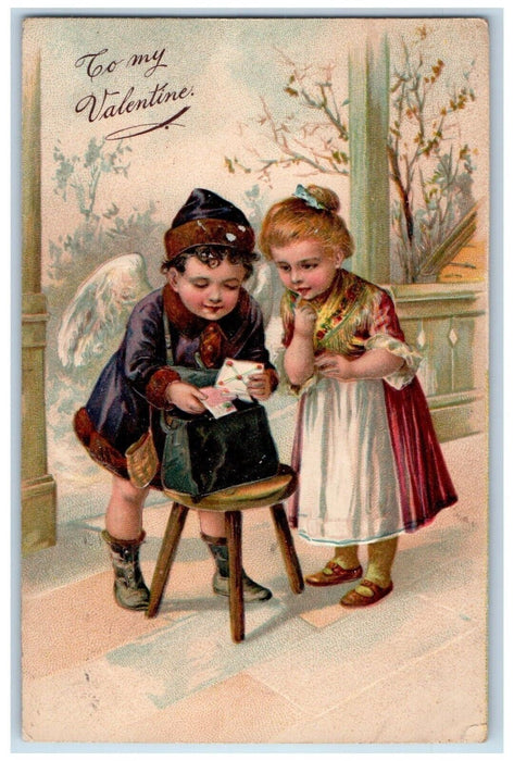 1909 Valentine Angel Mailman Girl Letter Embossed Detroit Michigan MI Postcard