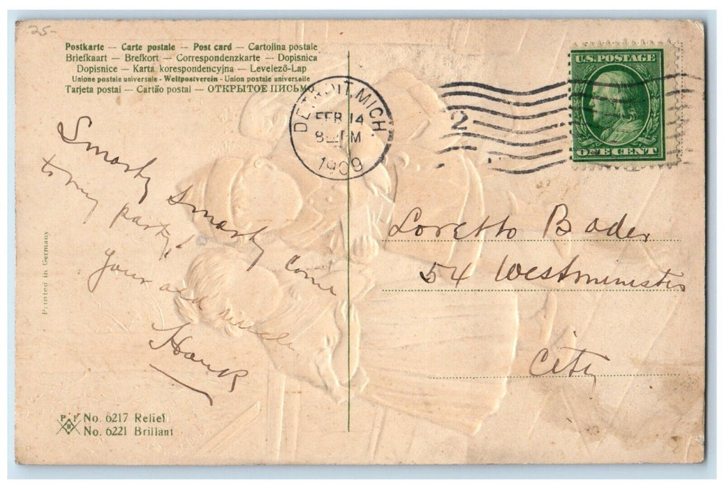 1909 Valentine Angel Mailman Girl Letter Embossed Detroit Michigan MI Postcard