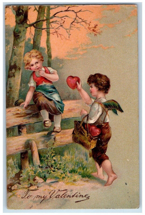 1907 Valentine Angel Hearts Little Girl Embossed Antique Chicago IL Postcard