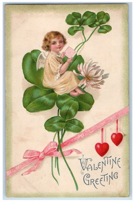 1909 Valentine Greeting Angel Shamrocks Flowers Hearts Kewaunee WI Postcard
