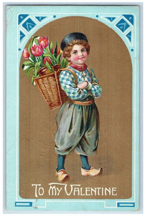 1911 Valentine Dutch Boy Tulips Flowers Fowlerville Michigan MI Antique Postcard