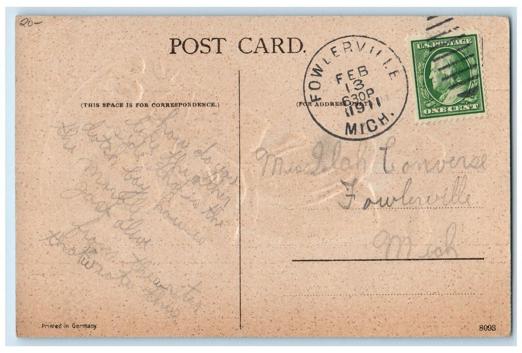1911 Valentine Dutch Boy Tulips Flowers Fowlerville Michigan MI Antique Postcard