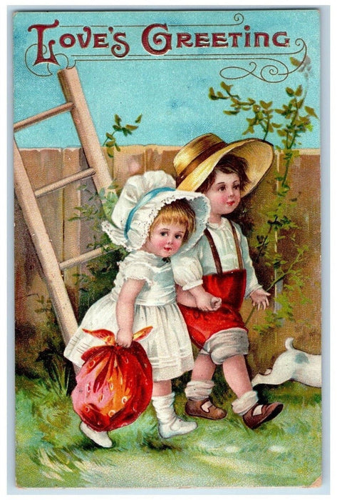 1911 Valentine Greetings Dutch Couple Holding Hands Ladder Clapsaddle Postcard