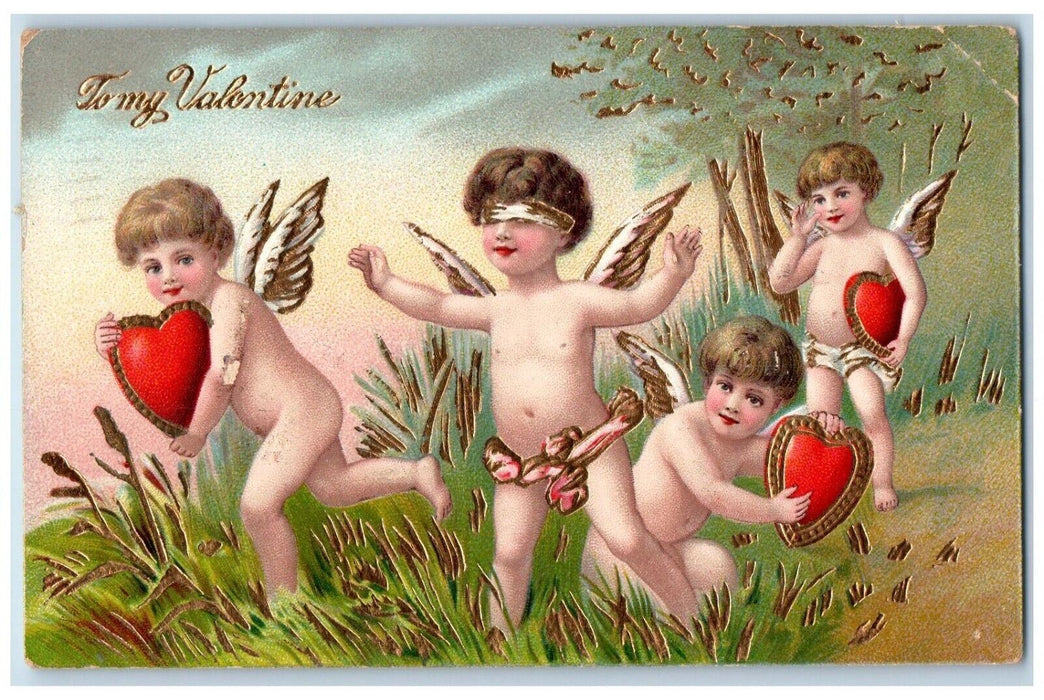 1911 Valentine Angels Cherub Blindfold Bare Butt Hearts Crosby MI Postcard