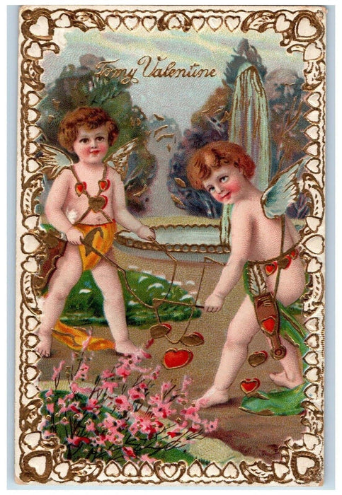 1911 Valentine Angels Cherub Hearts Pansies Flowers Embossed Antique Postcard