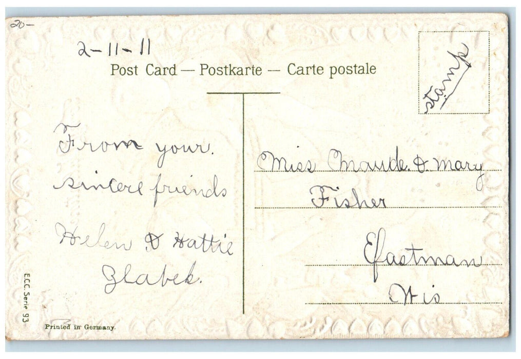 1911 Valentine Angels Cherub Hearts Pansies Flowers Embossed Antique Postcard