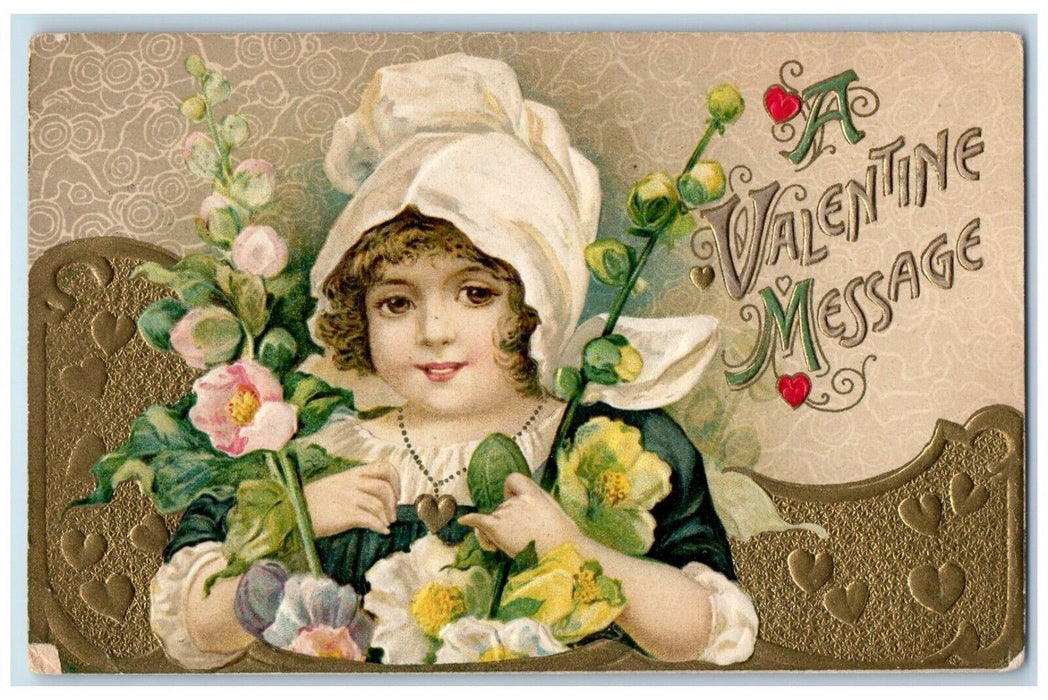 c1910's Valentine Message Pretty Girl Flowers Embossed Winsch Back Postcard