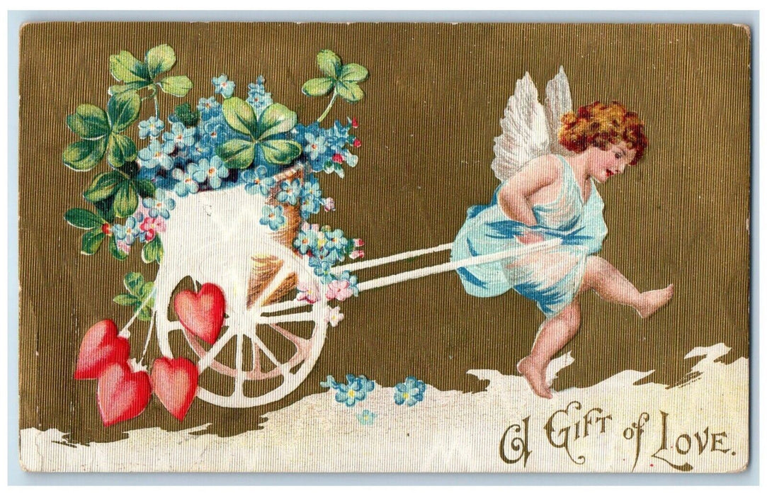 Valentine Angel Pulling Cart Basket Hearts Shamrock Pansies Moscow NY Postcard