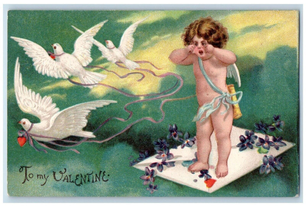Valentine Angel Crying Letter Dove Pansies Flowers Clapsaddle Embossed Postcard