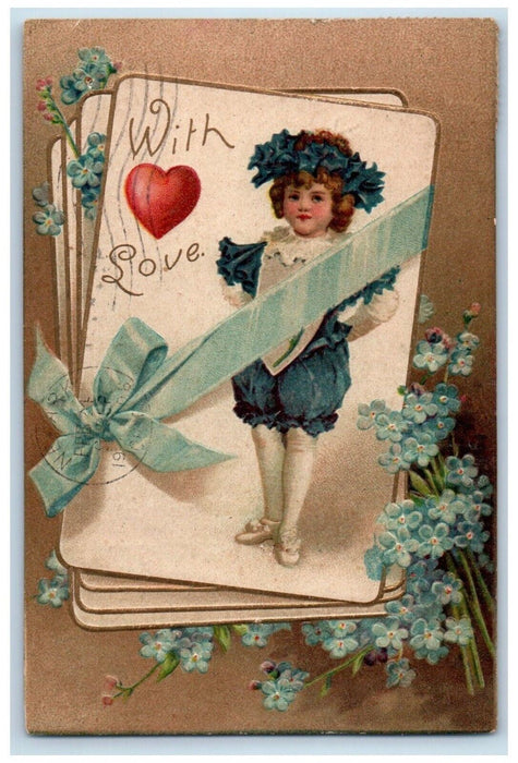 1908 Valentine Girl Heart Pansies Flowers Clapsaddle Embossed Antique Postcard