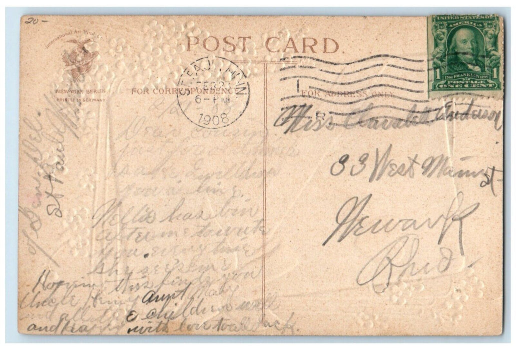 1908 Valentine Girl Heart Pansies Flowers Clapsaddle Embossed Antique Postcard