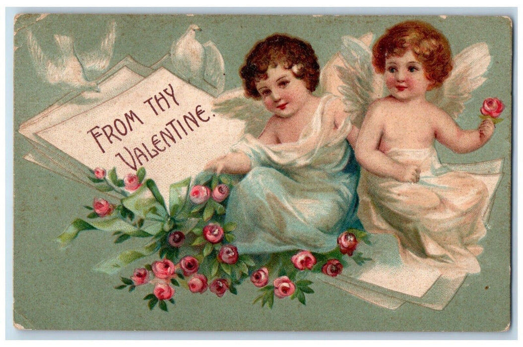 c1910's Valentine Angels Cherub Pink Roses Embossed Posted Antique Postcard