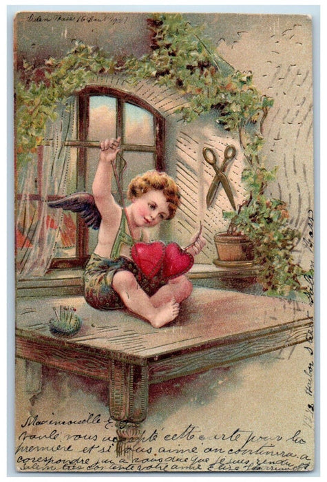 1906 Valentine Angel Stitching Hearts Big Scissors Embossed Salem MA Postcard