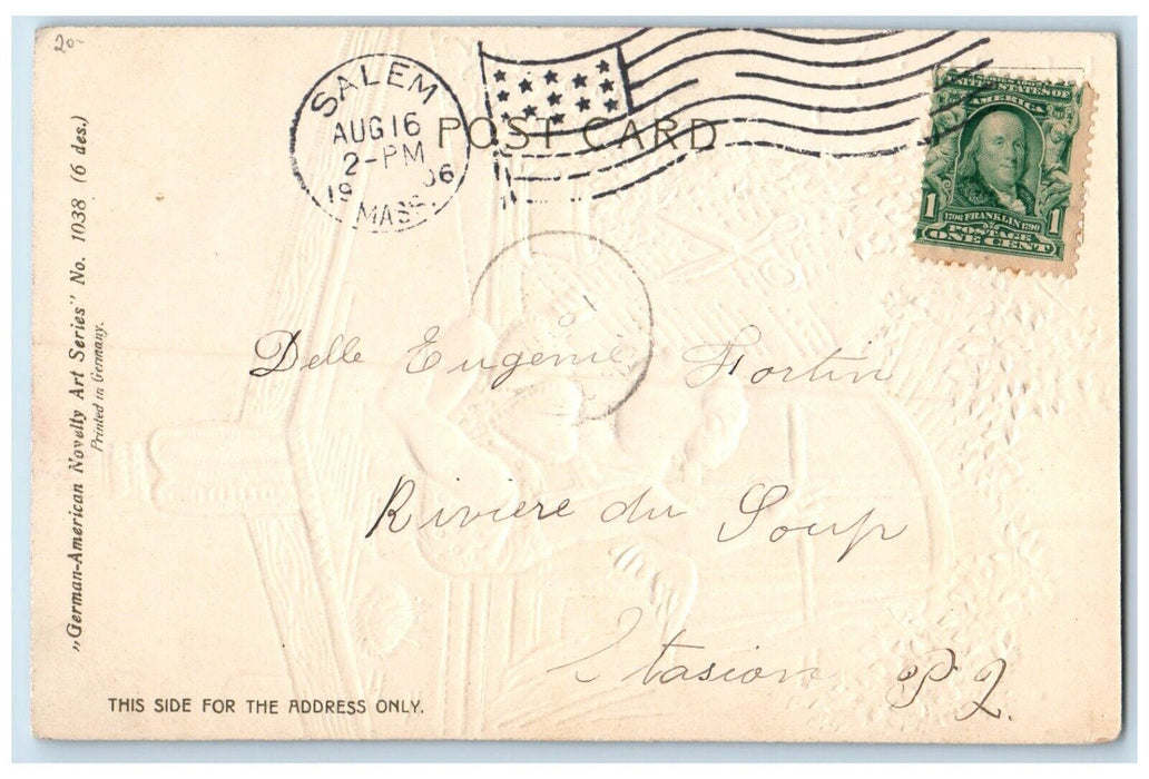 1906 Valentine Angel Stitching Hearts Big Scissors Embossed Salem MA Postcard