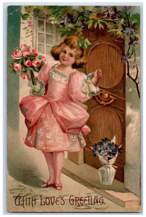 1908 Valentine Greetings Pretty Girl Dress Flowers Knocking Door Posted Postcard