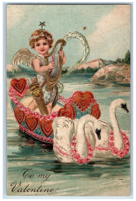 1910 Valentine Angel Playing Harp Pulling Swan Flowers Crosby MI Posted Postcard