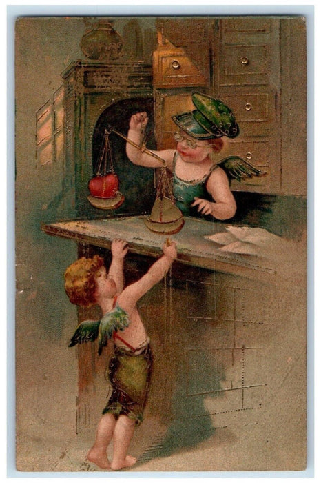 1907 Valentine Angels Scaling Hearts Embossed Springfield Ohio OH Postcard