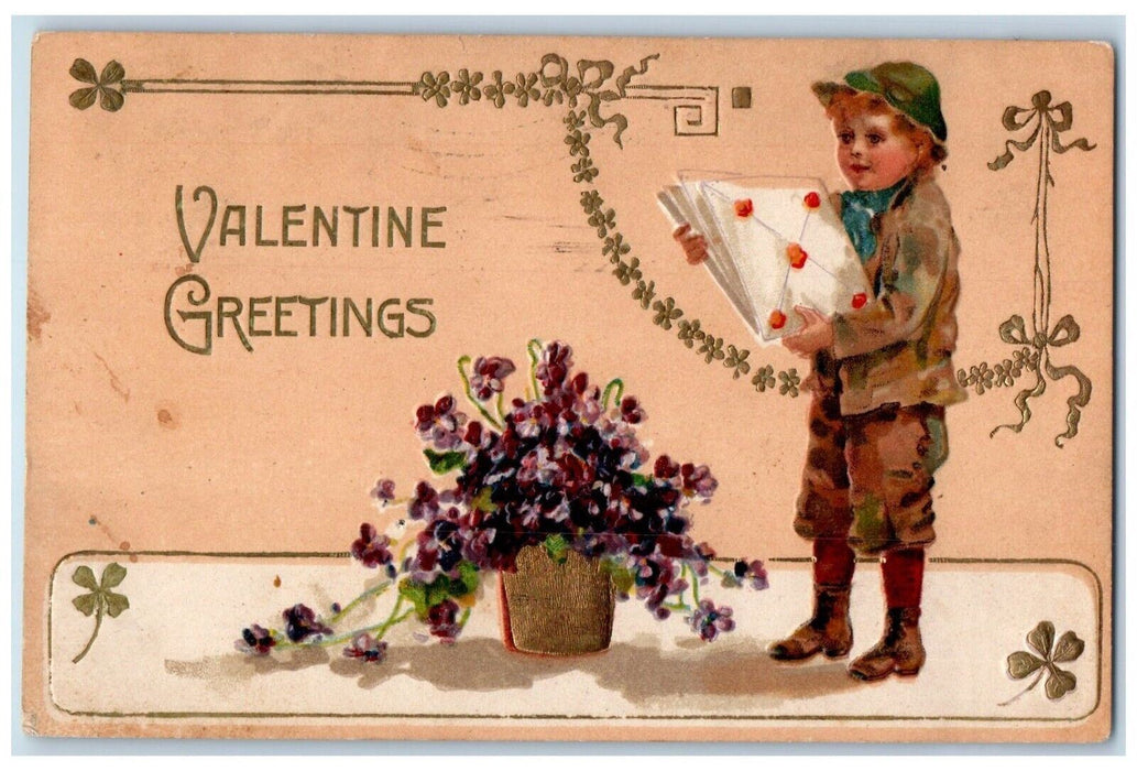 1908 Valentine Greetings Boy Delivering Letters Pansies In Basket Postcard